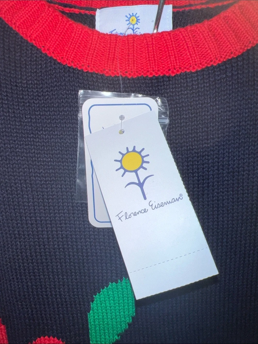 NWT Florence Eiseman Navy Sweater with Red Trim and Green Accent